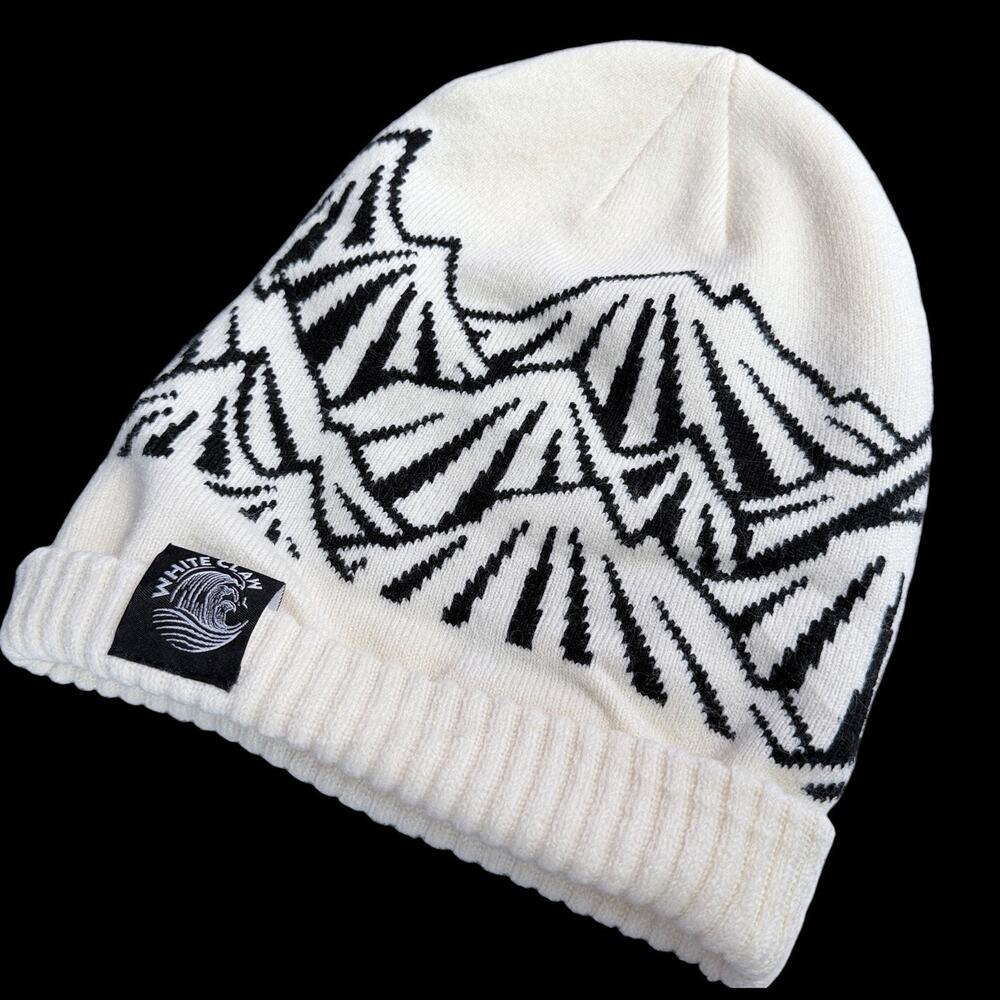 White Claw Beanie Hat Black White Mountain Graphic Cuffed Knit Winter Ski